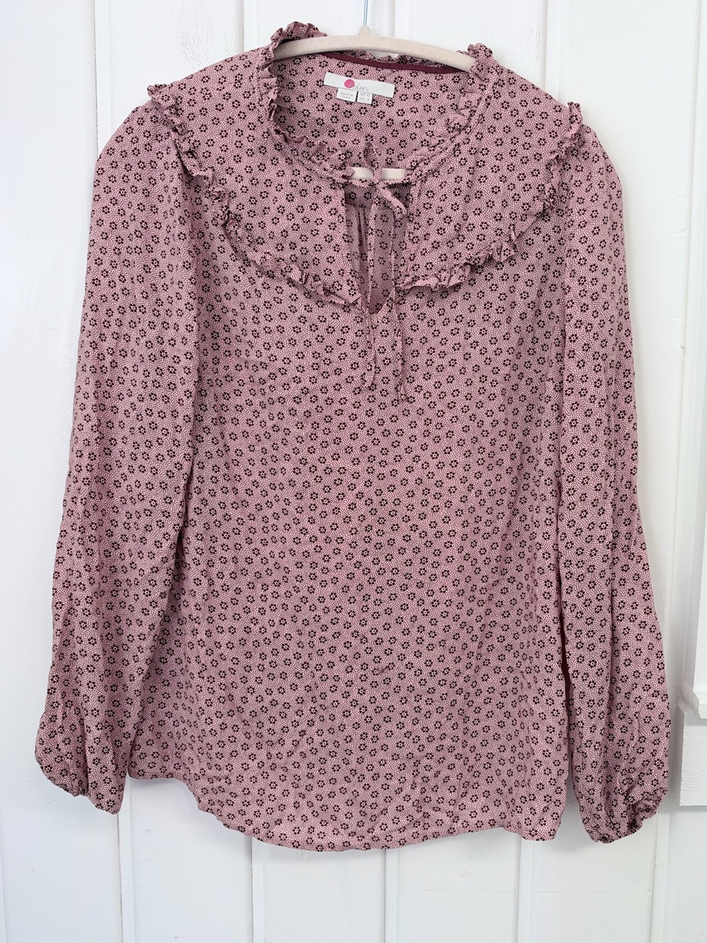 Boden Floral Ruffle Tie Neck Blouse Pink Burgundy Size 6